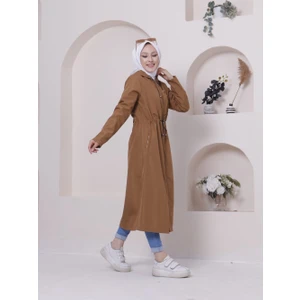 Vibeys Collection Taba Içi Çizgili ve Kendinden Astarlı Su Geçirmez Kadın Trençkot