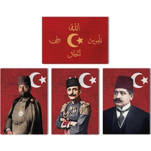 Satürn Design Ittihat Terakki Sancağı Kanvas Tablo Seti 4'lü 40X55CM Enver Paşa Talat Paşa Cemal Paşa Ittihat Bayrağı