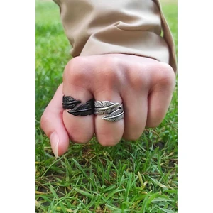 The Collection Tüy Yaprak Figürlü Ayarlanabilir Siyah-Gümüş Unisex Yüzük Set
