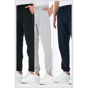 Siyah-Gri-Lacivert 3'lü Erkek Eşofman Altı Etiketli Arka ve Yan Cepli Regular Fit Lastik Paça