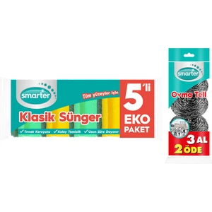 Klasik Bulaşık Süngeri 5'li + Ovma Teli 3'lü