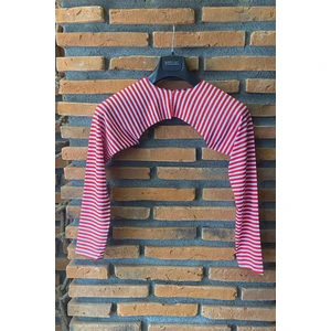 Moda Canel Tesettür Bolero Içe Giyilen Kırmızı Beyaz Çizgili Uzun Kol Bolero MCBLR006