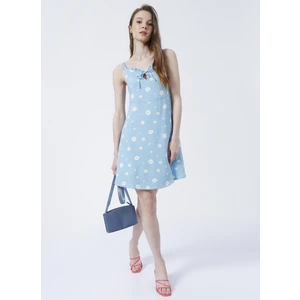 Düz Yaka Desenli Mavi Kadın Diz Üstü Elbise - K-Fırpo