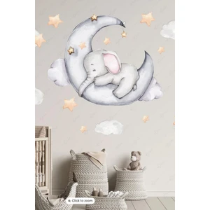 Ayda Uyuyan Fil Bulut ve Yıldızlar Sticker Seti, Çocuk Bebek Odası Duvar Cam Sticker