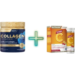 Collagen Powder 300 gr Tip 1,2,3 + Nutraxin Vitamin C 28 Çiğneme Tableti Hediyeli