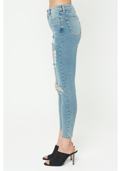 Judy Orta Mavi Yüksek Bel Fermuarlı Yıpratmalı Jean Pantolon C 4521-126 modelleri