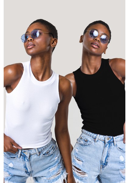Kadın Halter Yaka Fitilli 2'li Paket Crop Bluz