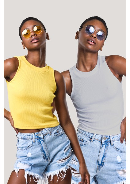 Kadın Halter Yaka Fitilli 2'li Paket Crop Bluz