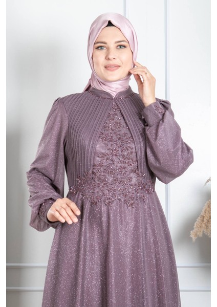 Taş Işlemeli Simli Abiye Lila MDA2256