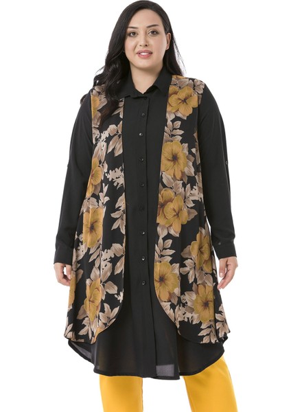 Büyük Beden Katlamalı Kollu Önde Şifon Detaylı Uzun Hardal Gömlek fiyatları