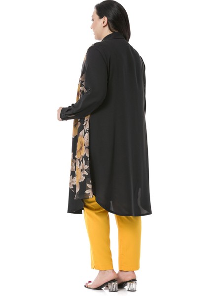 Büyük Beden Katlamalı Kollu Önde Şifon Detaylı Uzun Hardal Gömlek modelleri