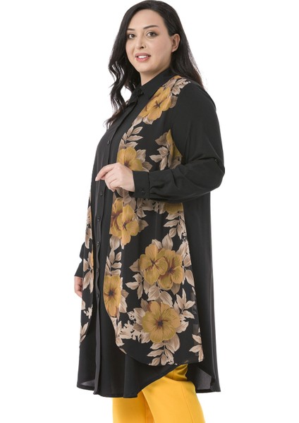 Büyük Beden Katlamalı Kollu Önde Şifon Detaylı Uzun Hardal Gömlek fırsatları