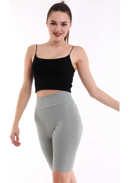 Self Clothing Kadın Mint Yeşil Yüksek Bel Fitilli Dayanıklı Örme Kumaş Toparlayıcı Kısa Spor Tayt SLF1417