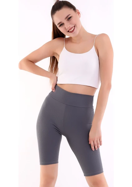 Self Clothing Kadın Gri Yüksek Bel Fitilli Dayanıklı Örme Kumaş Toparlayıcı Kısa Spor Tayt SLF1417