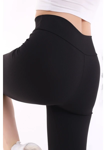 Self Clothing Kadın Siyah Yüksek Bel Fitilli Dayanıklı Örme Kumaş Toparlayıcı Kısa Spor Tayt SLF1417