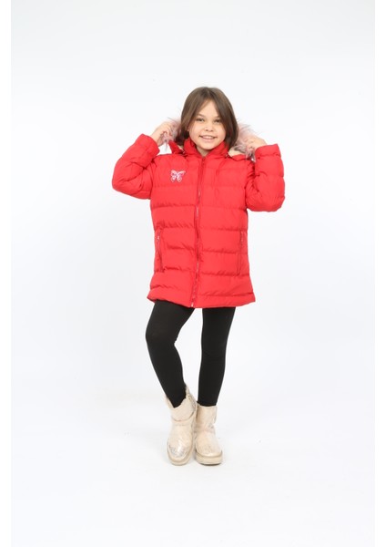 Kırmızı Renkli Çıkarılabilir Kapüşonlu ve Kürklü Şişme Kız Çocuk Montu