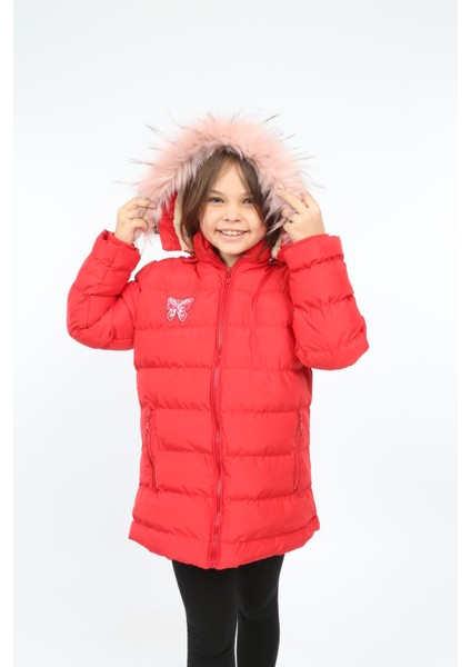 Kırmızı Renkli Çıkarılabilir Kapüşonlu ve Kürklü Şişme Kız Çocuk Montu fiyatları