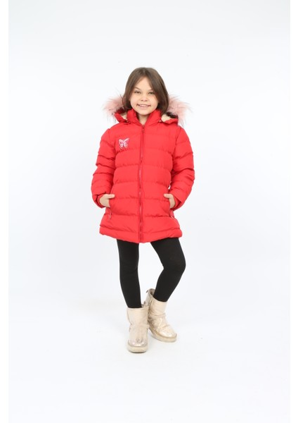 Kırmızı Renkli Çıkarılabilir Kapüşonlu ve Kürklü Şişme Kız Çocuk Montu modelleri