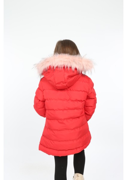 Kırmızı Renkli Çıkarılabilir Kapüşonlu ve Kürklü Şişme Kız Çocuk Montu indirimleri