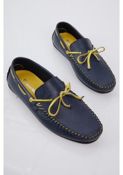 Erkek Lacivert Ip Detaylı Rahat Kalıp Deri Loafer
