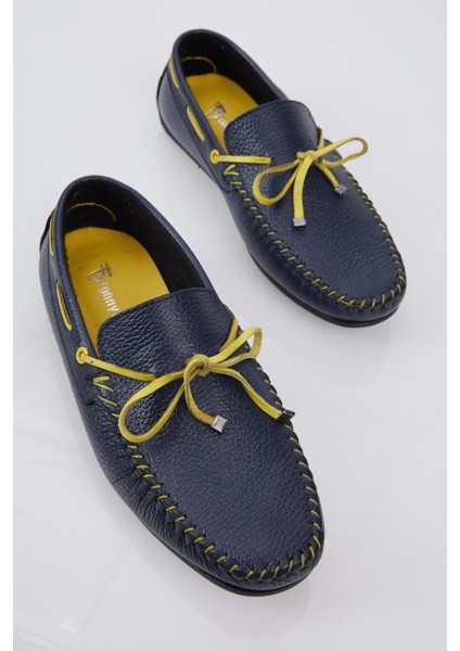 Erkek Lacivert Ip Detaylı Rahat Kalıp Deri Loafer fiyatları