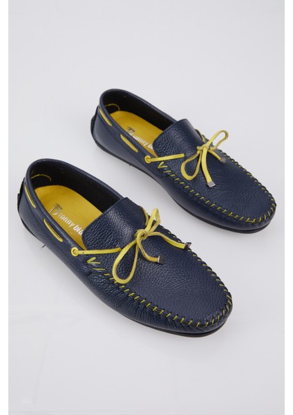 Erkek Lacivert Ip Detaylı Rahat Kalıp Deri Loafer modelleri