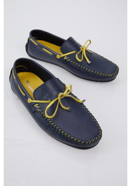 Erkek Lacivert Ip Detaylı Rahat Kalıp Deri Loafer indirimleri