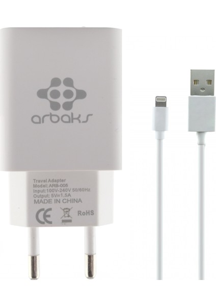 ARB-003 Plastik 1500 mAh 1 Çıkışlı + Lightning Data Kablo Ev Tipi Şarj Cihazı