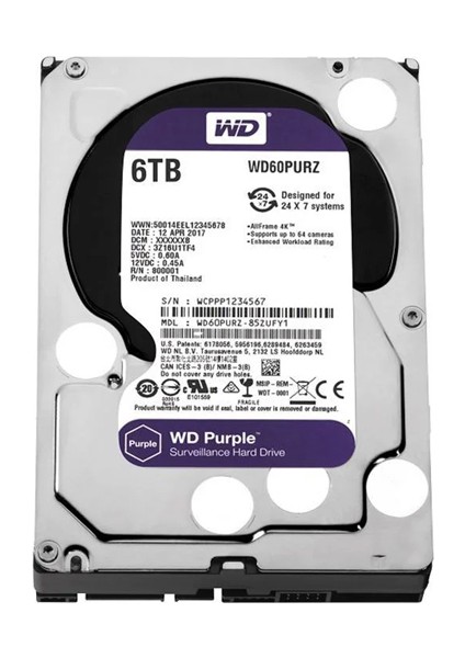 Western Dıgıtal Purple (WD60PURZ) 6tb 3.5 Inc 64MB Intellıpower 6.0gb/s 7/24 Güvenlik Harddısk