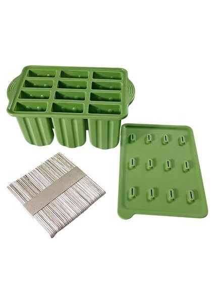 Silikon Buz Popsicle Maker 12 Boşluklar Ev Yapımı Popsicle Kalıpları Şekilleri Buz Küp Tepsisi ile Buz Tepsileri WY527 | Dondurma Küvetleri (Yeşil)