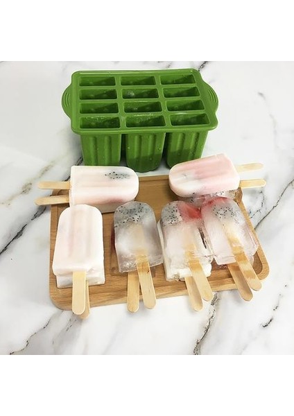 Silikon Buz Popsicle Maker 12 Boşluklar Ev Yapımı Popsicle Kalıpları Şekilleri Buz Küp Tepsisi ile Buz Tepsileri WY527 | Dondurma Küvetleri (Yeşil)