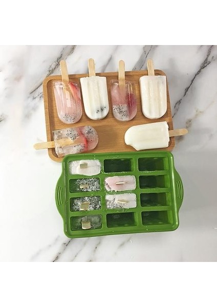 Silikon Buz Popsicle Maker 12 Boşluklar Ev Yapımı Popsicle Kalıpları Şekilleri Buz Küp Tepsisi ile Buz Tepsileri WY527 | Dondurma Küvetleri (Yeşil)