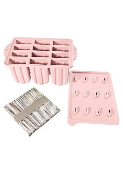 Silikon Buz Popsicle Maker 12 Boşluklar Ev Yapımı Popsicle Kalıpları Şekilleri Buz Küp Tepsisi ile Buz Tepsileri WY527 | Dondurma Küvetleri (Pembe)