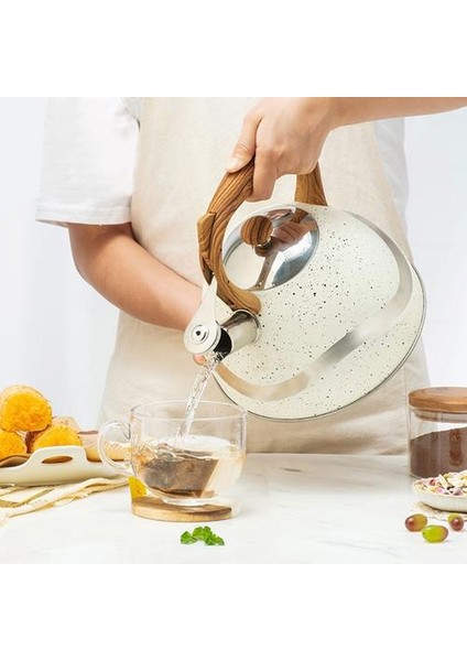 1 Adet 3.5l Antik Paslanmaz Çelik Ahşap Saplı Düz Alt Whistling Su Isıtıcısı Kaynar Çay Kettle (Beyaz) | Su Isıtıcılar