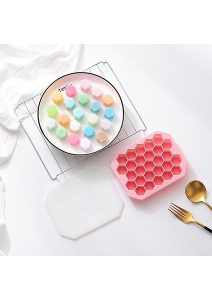 27 Hücreler Petek Şekli Silikon Buz Küpü Kalıp Gıda Sınıfı Silikon Petek Kapaklı Ice Cube Maker Ev Ice Cube Tepsisi | Dondurma Küvetleri (Pembe)