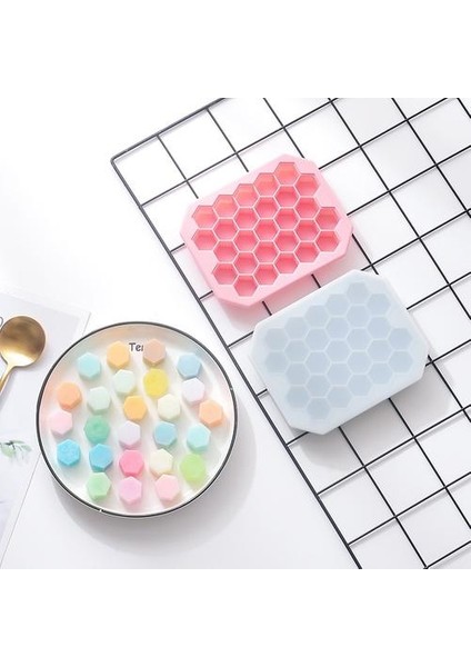 27 Hücreler Petek Şekli Silikon Buz Küpü Kalıp Gıda Sınıfı Silikon Petek Kapaklı Ice Cube Maker Ev Ice Cube Tepsisi | Dondurma Küvetleri (Pembe)