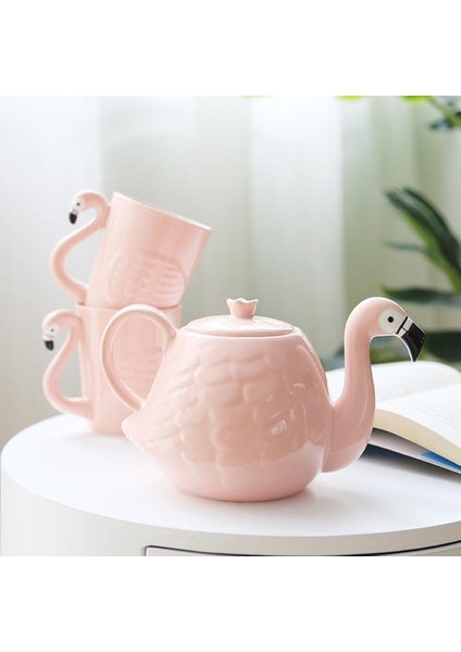 3 Adet Pembe Flamingo Kız Seramik Su Kupası Çaydanlık Seti Kolu Ev Işareti Bardak Teaware Içme Seti | Sürahi