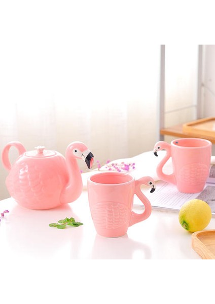 3 Adet Pembe Flamingo Kız Seramik Su Kupası Çaydanlık Seti Kolu Ev Işareti Bardak Teaware Içme Seti | Sürahi