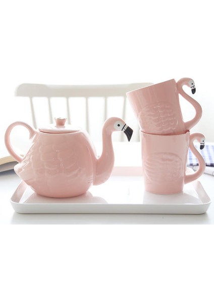 3 Adet Pembe Flamingo Kız Seramik Su Kupası Çaydanlık Seti Kolu Ev Işareti Bardak Teaware Içme Seti | Sürahi