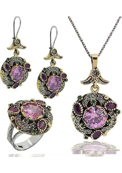 Gümüş Pembe Kuars Taşlı Otantik Set Takı