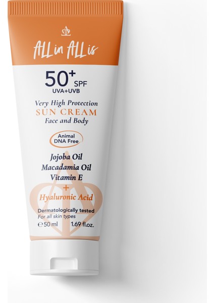 Hyalüronik Asit ve Jojoba Yağı Içeren Spf 50+ Tüm Ciltler Için Yüksek Korumalı Güneş Kremi