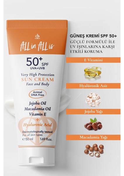 Hyalüronik Asit ve Jojoba Yağı Içeren Spf 50+ Tüm Ciltler Için Yüksek Korumalı Güneş Kremi