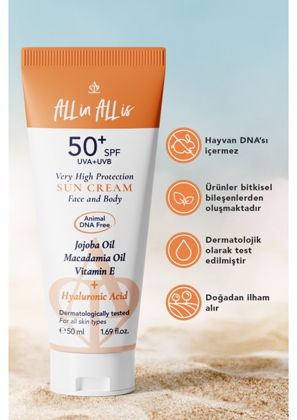 Hyalüronik Asit ve Jojoba Yağı Içeren Spf 50+ Tüm Ciltler Için Yüksek Korumalı Güneş Kremi