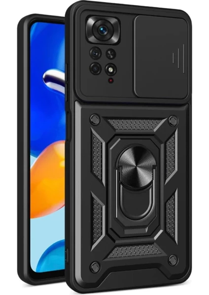 MTK Moveteck Xiaomi Redmi Note 11 Pro 5g Uyumlu Kılıf Kamera Lens Korumalı Sürgülü Kızaklı Military Zırh Tank Slikon Mat  Standlı