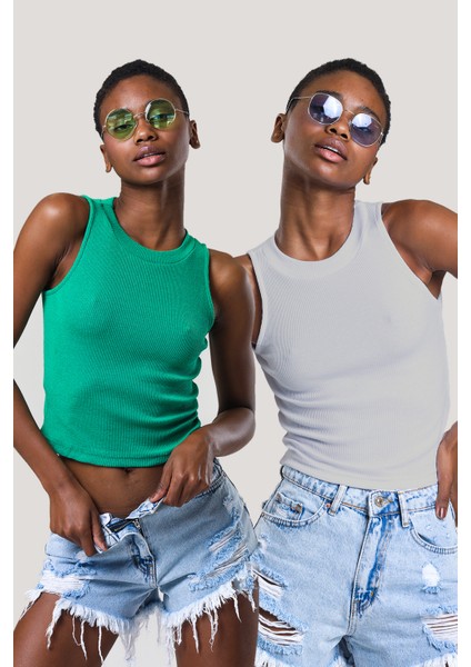 Kadın Halter Yaka Fitilli 2'li Paket Crop Bluz