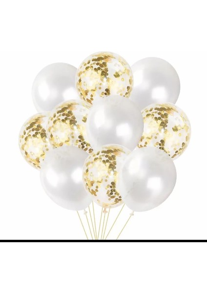 Gold Konfetili Şeffaf Balon Metalik Beyaz Balon 12 Inç 10 Adet