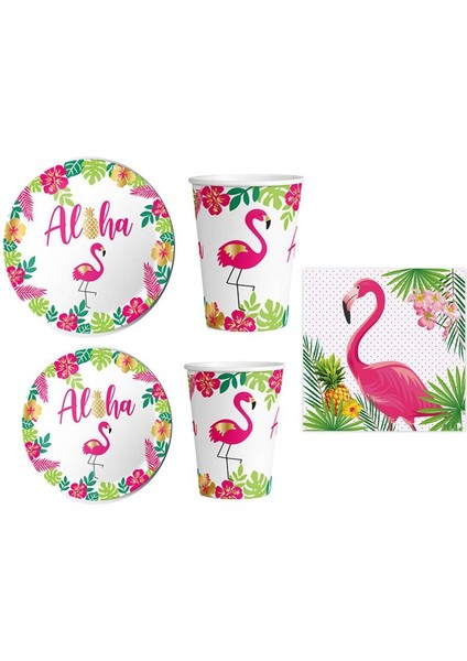 Flamingo Temalı Aloha Havai Konsept 16 Kişilik Tabak Bardak Peçete Set 48 Parça
