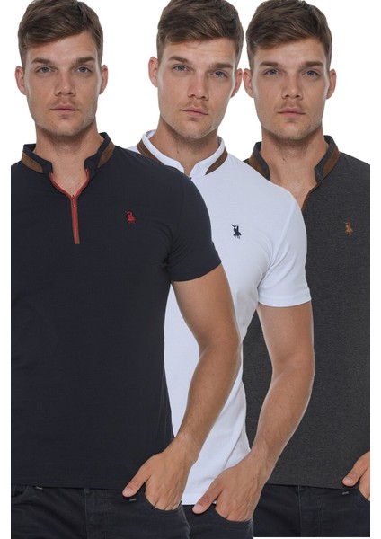 Üçlü Set T8571 Dewberry Fermuarlı Erkek T-Shırt-Antrasit-Beyaz-Lacivert
