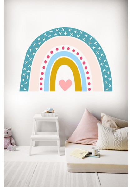 Çocuk Odası Duvar Sticker - Iskandinav Stil Kalpli Gökkuşağı Gökkuşağı