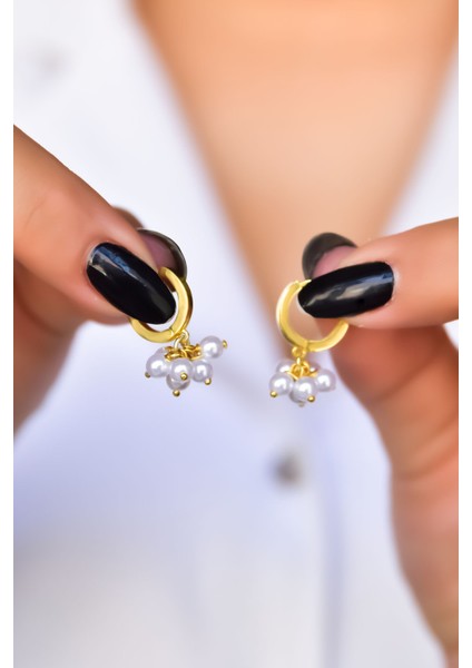 925 Ayar Gümüş Gold Kaplama İnci Taneli Halka Küpe